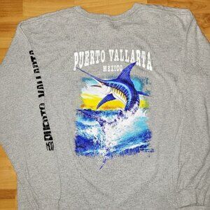 Mexico Puerto Vallarta Tropical Fishing Marlin Grey Long Sleeve Yazbek Tee, XL